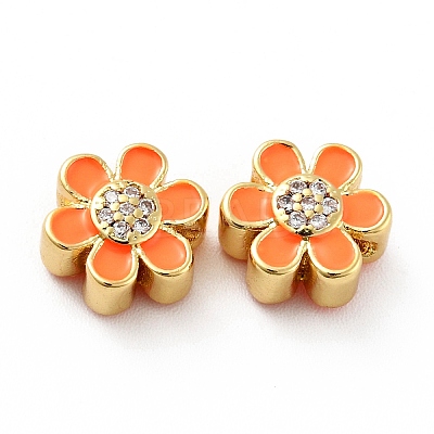 Flower Brass Micro Pave Clear Cubic Zirconia Beads KK-G419-06G-01-1
