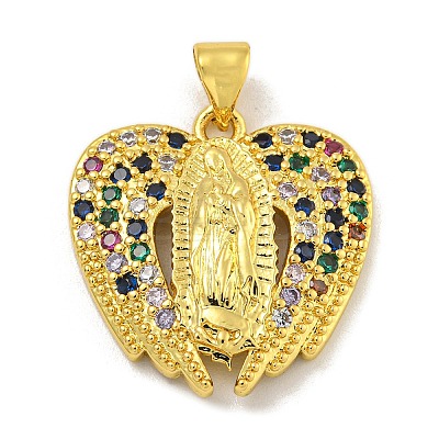Virgin Mary Theme Rack Plating Brass Micro Pave Cubic Zirconia Pendants KK-C074-23G-04-1