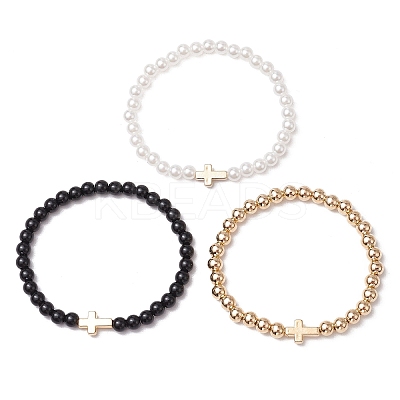 3Pcs 3 Styles CCB Plastic Beads & Opaque Acrylic Beads & ABS Plastic Imitation Pearl Round Beads Stretch Bracelet Set BJEW-JB11605-1