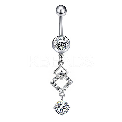 304 Stainless Steel Pave Clear Cubic Zirconia Curved Barbell Rhombus Dangle Belly Rings FS-WGF29F0-07-1