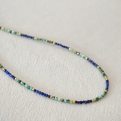 Natural African Turquoise(Jasper) and Lapis Lazuli Faceted Round Beaded Necklaces with 304 Stainless Steel End Chains WE3127-2-1