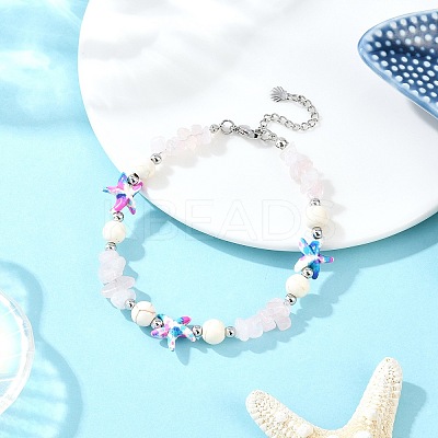 Dyed Synthetic Turquoise Starfish & Natural Rose Quartz Chip Beaded Anklets with 304 Stainless Steel End Chains AJEW-AN00733-01-1