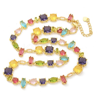 Brass Micro Pave Colorful Cubic Zirconia Link Chain Necklaces NJEW-M089-01G-1