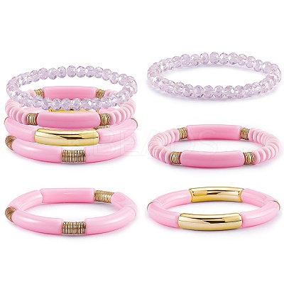 4Pcs 4 Style Acrylic Chunky Curved Tube Stretch Bracelet Sets BJEW-SW00074-04-1
