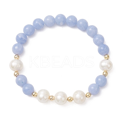Natural Dyed Blue Lace Agate & Cultured Freshwater Pearl Round Beads Stretch Bracelets for Women BJEW-JB12706-1