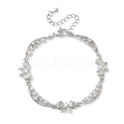 Brass Pave Clear Cubic Zirconia Bowknot and Hollow Moon Link Bracelets BJEW-D387-01P-1