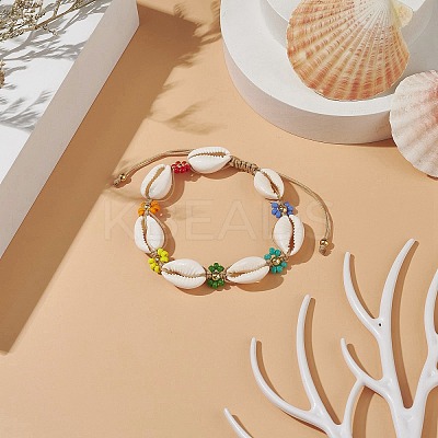 Natural Cowrie Shell & Glass Seed Flower Braided Bead Bracelets for Women BJEW-TA00206-1