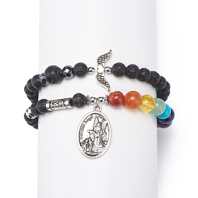 2Pcs 2 Style Style Natural Lava Rock & Mixed Stone & Synthetic Hematite Stretch Bracelets Set BJEW-JB08733-1