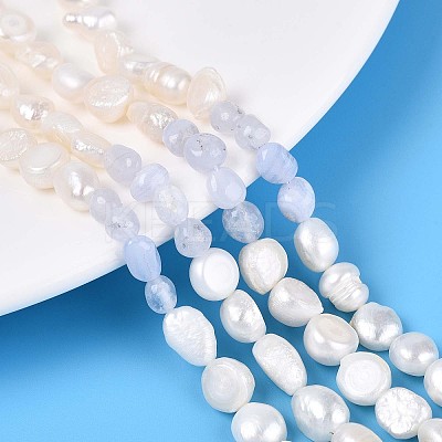 Natural Blue Lace Agate Nuggets & Natural Cultured Freshwater Pearl Beads Strands PEAR-N023-01A-04-1