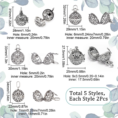 10Pcs 5 Styles Round Brass Hollow Cage Pendants KK-SC0003-07-1