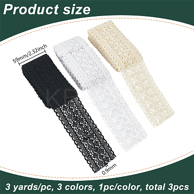 3Pcs 3 Colors Flat Floral Cotton Lace Ribbon OCOR-FG0002-01-1