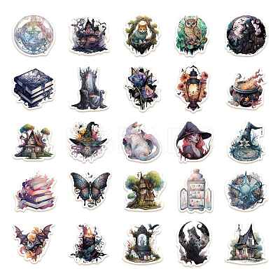 50Pcs Halloween Witch Theme PVC Self-adhesive Cartoon Stickers X-STIC-PW0015-01-1