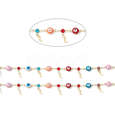 Enamel Evil Eye & Glass Flat Round Link Chains CHC-C003-22G-01-1