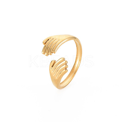 Ion Plating(IP) 304 Stainless Steel Double Hand Hug Open Cuff Ring for Women RJEW-S405-199G-1