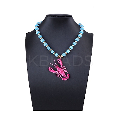 Plastic Pink Lobster Pendant Striped Square Beaded Necklaces with Alloy End Chains NJEW-D336-02G-1