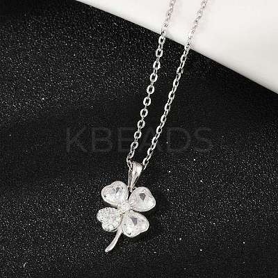 925 Sterling Silver Pave Clear Cubic Zirconia Clover Pendant Necklaces for Women NJEW-G168-01P-1