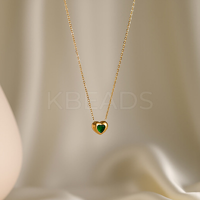 304 Stainless Steel Pave Cubic Zirconia Heart Pendant Cable Chain Necklaces for Women WG320DC-03-1
