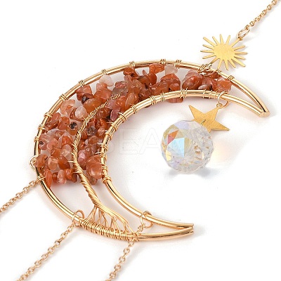 Wire Wrapped Natural Carnelian Moon with Tree of Life Pendant Decorations HJEW-K046-07G-03-1