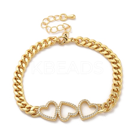 Brass Micro Pave Clear Cubic Zirconia Triple Hollow Heart Cuban Link Chains Bracelets for Women BJEW-M322-05G-A-1