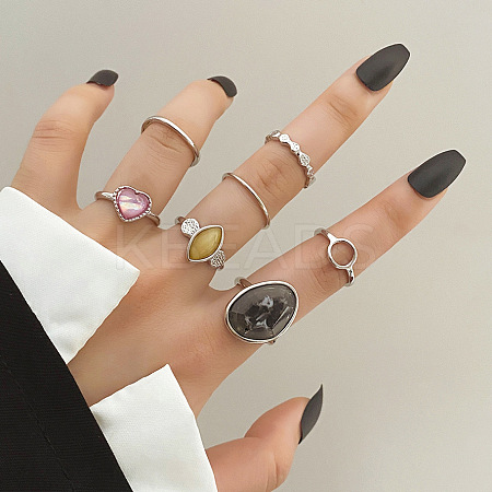 7Pcs Oval/Horse Eye/Heart Alloy Resin Finger Rings FS-WG08CD1-05-1