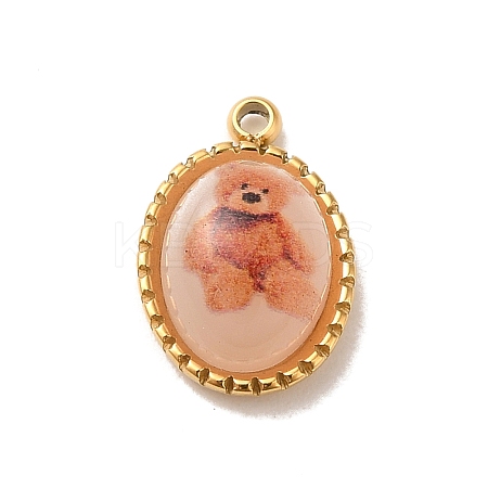 304 Stainless Steel Pave Resin Oval Charms with Bear X-STAS-L022-248G-1