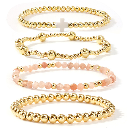 5Pcs 5 Styles Handmade Brass & Natural Sunstone & Glass Beads Stretch Bracelet Set OI0028-2-1