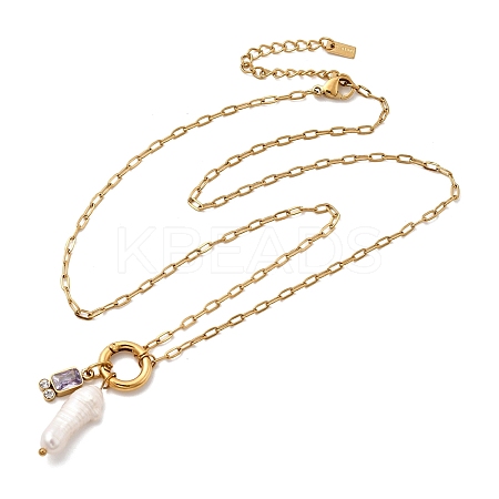 Natural Keshi Pearl Stick & Rectangle Purple Glass Pendant 304 Stainless Steel Paperclip hain Necklaces for Women NJEW-K255-54G-1