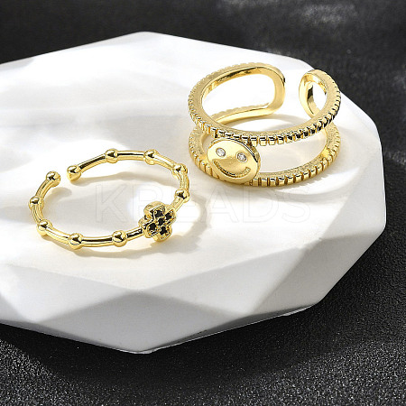 2Pcs 2 Styles Brass Micro Pave Cubic Zirconia Cuff Rings for Women RJEW-S399-03G-1