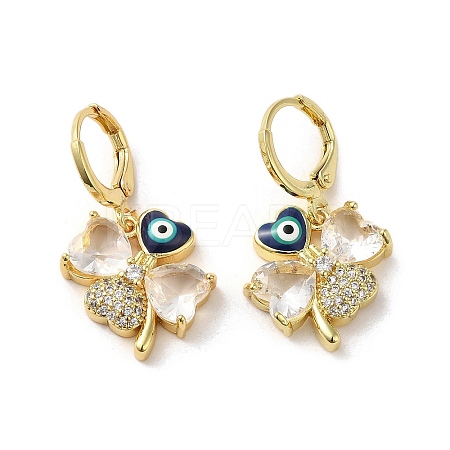 Clover with Evil Eye Real 18K Gold Plated Brass Dangle Leverback Earrings EJEW-Q797-20G-1