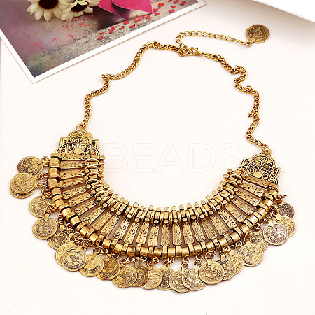 Tibetan Style Alloy Turkish Coin Tassel Chunky Bib Necklaces for Women FS-WG4760A-02-1