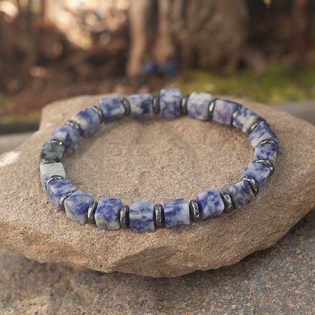 Cube Natural Blue Spot Jasper & Synthetic Non-magnetic Hematite Beads Stretch Bracelets for Women Men LS-PF6426-15-1