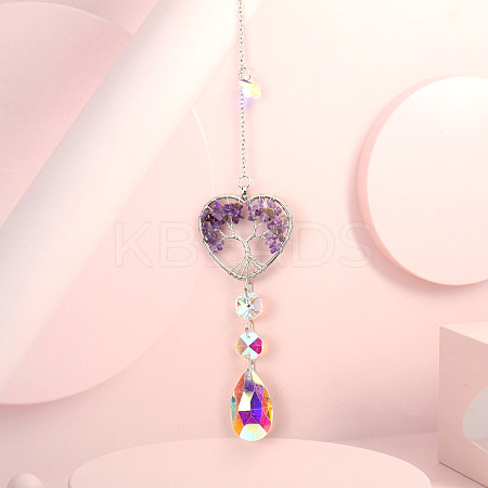 Wire Wrapped Natural Amethyst Heart with Tree of Life Pendant Decorations HJEW-K046-02P-05-1