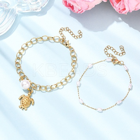 2Pcs 2 Styles 304 Stainless Steel Sea Turtle & Round Shell Pearl Charm Bracelets & 316 Surgical Stainless Steel Plastic Imitation Pearl Link Bracelets Set for Women BJEW-JB12422-1
