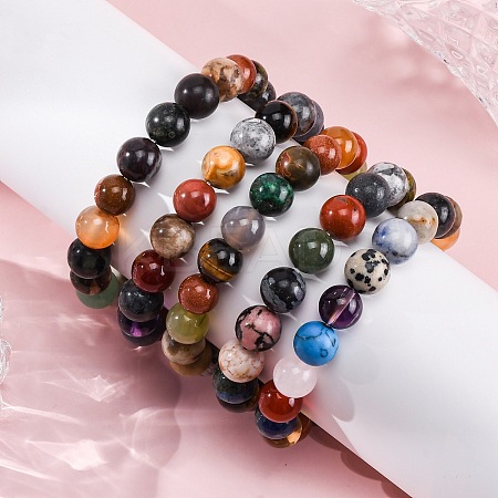 Natural & Synthetic Mixed Gemstone Beaded Stretch Bracelets for Women Men BJEW-F490-01B-1