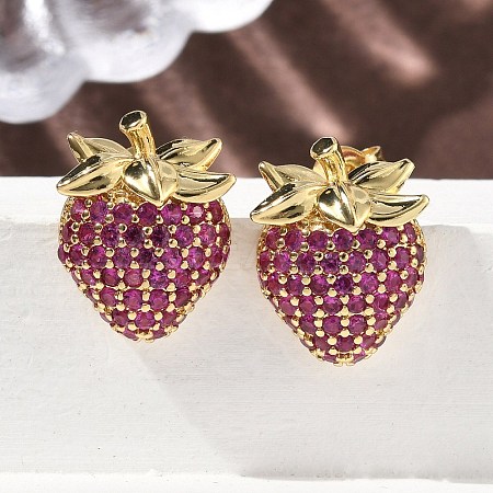 Brass Cubic Zirconia Strawberry Stud Earrings EJEW-L301-01G-1