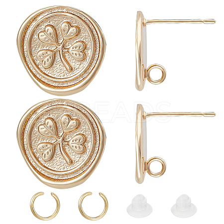 10Pcs Flat Round with Clover Brass Stud Earring Findings DIY-BBC0001-36-1