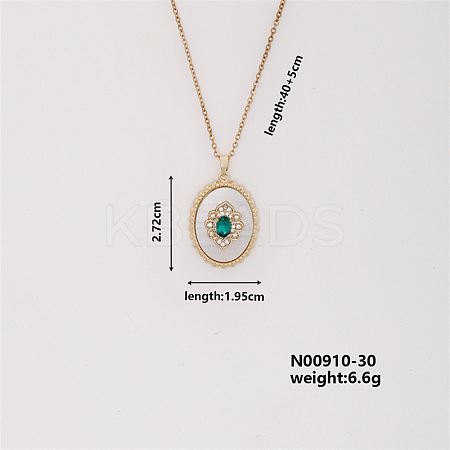 Elegant Vintage Brass Micro Pave Cubic Zirconia Oval with Flower Pendant Necklace for Women UW4443-2-1