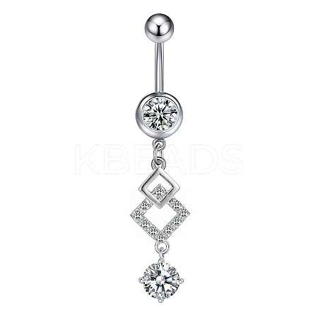 304 Stainless Steel Pave Clear Cubic Zirconia Curved Barbell Rhombus Dangle Belly Rings FS-WGF29F0-07-1