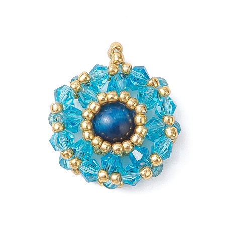 Dyed Natural Blue Tiger Eye & Glass Seed Beaded Flat Round Pendants PALLOY-MZ00950-06-1