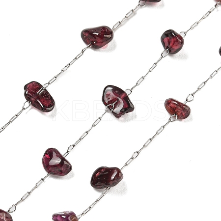 304 Stainless Steel with Dyed Natural Garnet Chip Link Chains CHS-G038-09P-03-1