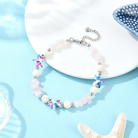 Dyed Synthetic Turquoise Starfish & Natural Rose Quartz Chip Beaded Anklets with 304 Stainless Steel End Chains AJEW-AN00733-01-1