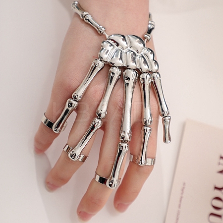 Halloween Themed Skull Alloy Full Hand Ring Bracelet BJEW-L680-01P-1