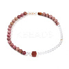 Round Natural Fresh Water Pearl & Red Agate Rhodonite & Quartz Crystal Beaded  Wrap Bracelets for Men Women BJEW-T022-07-3