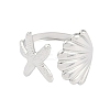 304 Stainless Steel Starfish & Shell Open Cuff Rings for Women RJEW-C095-09P-2