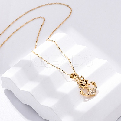 304 Stainless Steel Crystal Rhinestone Anchor Pendant Necklaces NJEW-Z057-01B-G-1