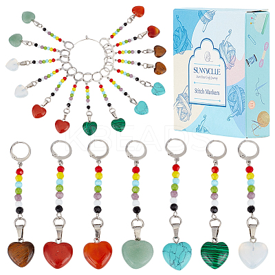 14Pcs 7 Colors Heart Natural & Synthetic Gemstone Pendant Locking Stitch Markers HJEW-SC00095-1