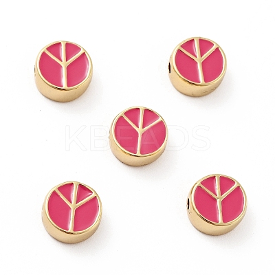 Flat Round with Peace Sign Brass Enamel Beads KK-G419-05G-1