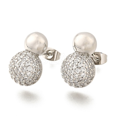 Rack Plating Brass Micro Pave Clear Cubic Zirconia Round Ball Stud Earring EJEW-H099-09P-1-1