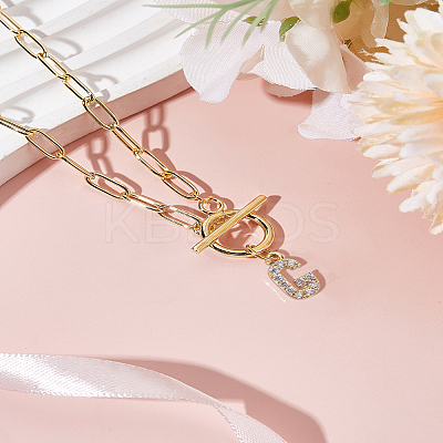 1Pc 304 Stainless Steel Chain & Brass Micro Pave Cubic Zirconia Letter Pendant Necklaces NJEW-LP0001-36G-G-1