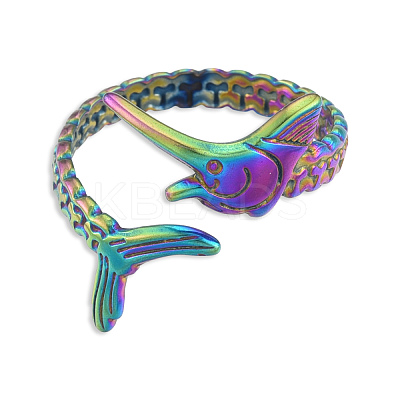 Ion Plating(IP) 201 Stainless Steel Fishbone Wrap Open Cuff Ring for Women RJEW-N038-101M-1